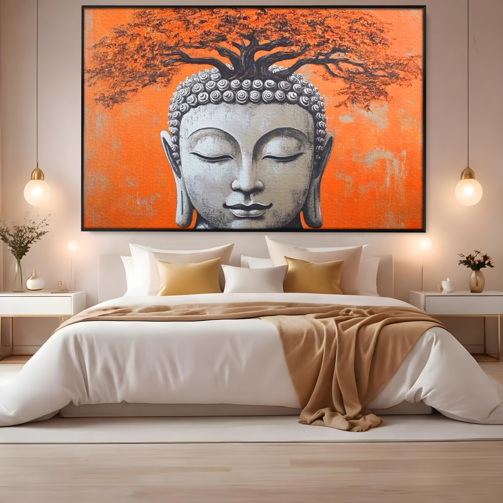 Tablou canvas cu tablou canvas cu capul lui buddha si copac, in rama de aluminiu negru, pe perete intr-un dormitor